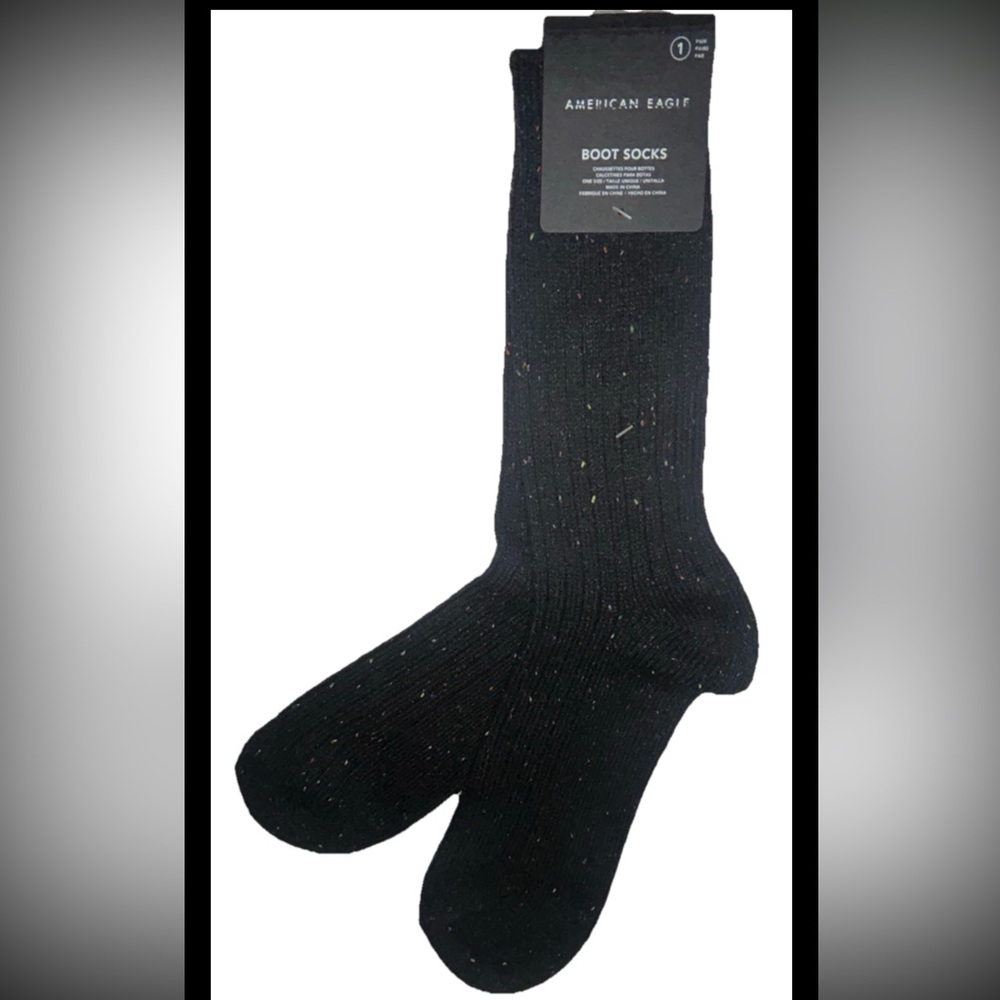 American Eagle Boot Crew Socks 1 Pair Men’s OSFM Black w Speckled Donegal NEW!